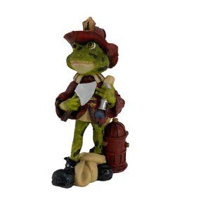 Unbranded Frog Fireman Firefighter Figurine Resin Axe Hose Hydrant 5.5" Tall